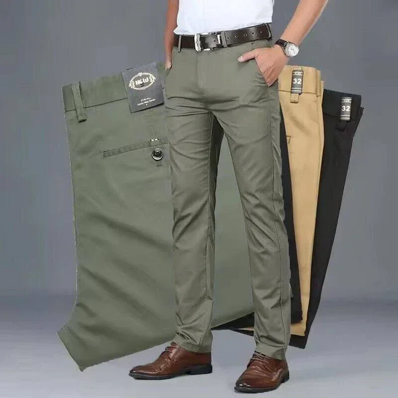 

2025 Summer Thin Men's Slim Suit Pants Fashion Business Casual Cotton Green Black Khaki Trousers Male Brand Clothing 30-40