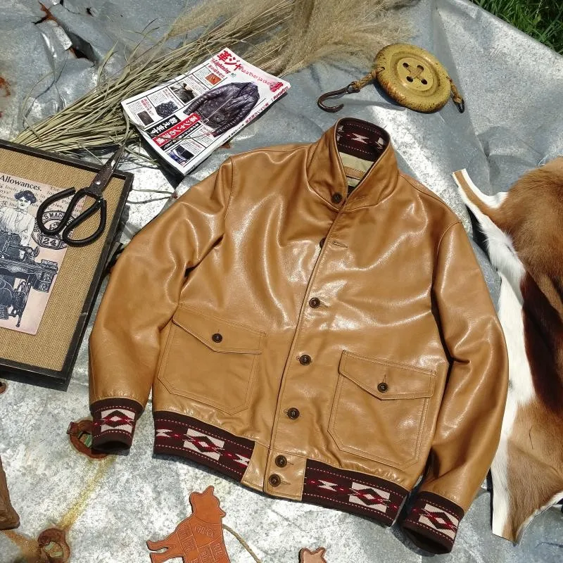 

Original Color Tanned Leather Navajo Ribbing Woven Leather Jaet Youth Sle ort Fit American Casual Leather Coat