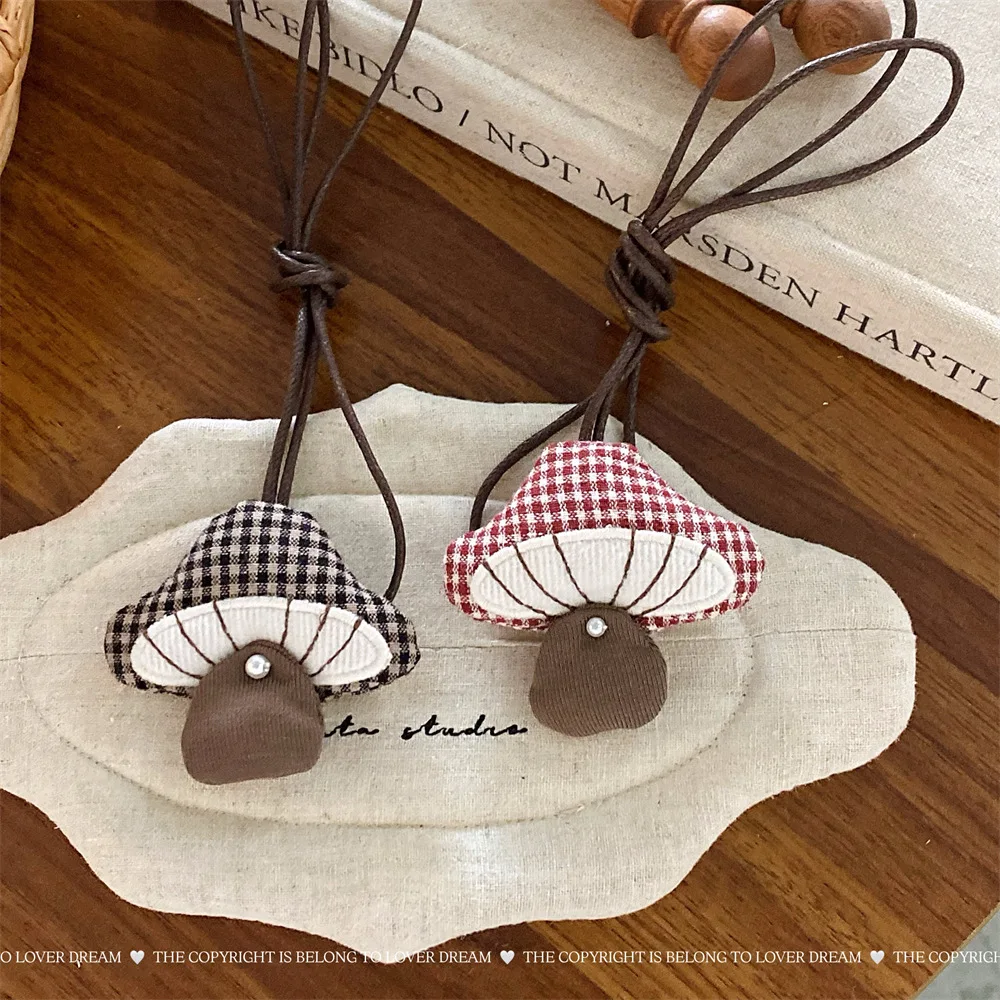 Brown Rabbit Plaid Mushroom Leather Rope Necklace Adjustable Cord Pendant Cute for Kids Girls Children Daily Wear