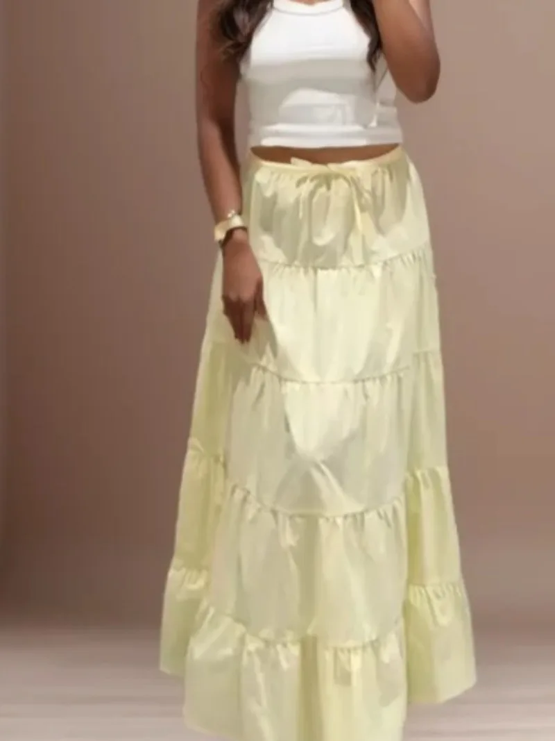 

Chic Yellow Elegant Pleated A-line Long Skirt for Holiday Women 2025 Summer New Women Fashion Casual Layered Stitching Skirts