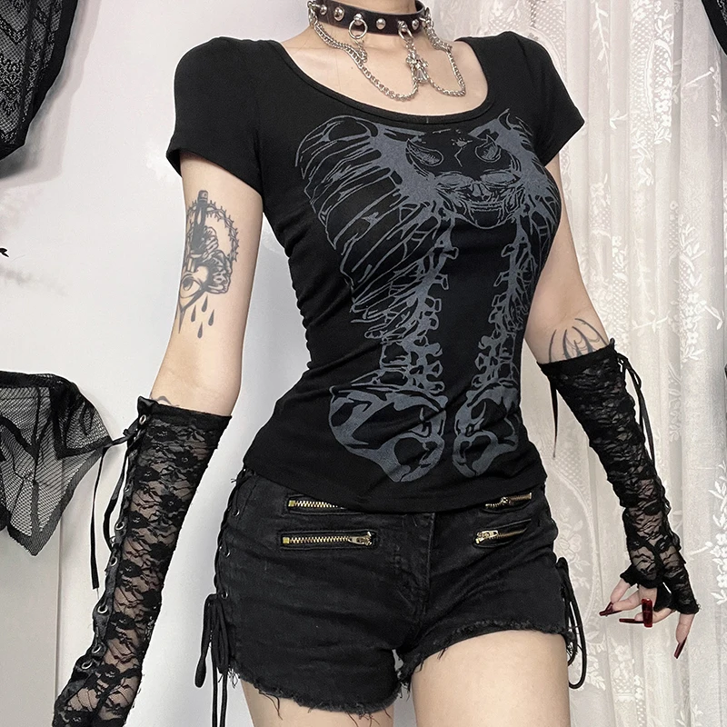 Y2K Goth Black Skull Bone Print Short Sleeve Slim T-Shirts Sexy Hollow Out Backless Corset Top Women Summer New Fashion Tees