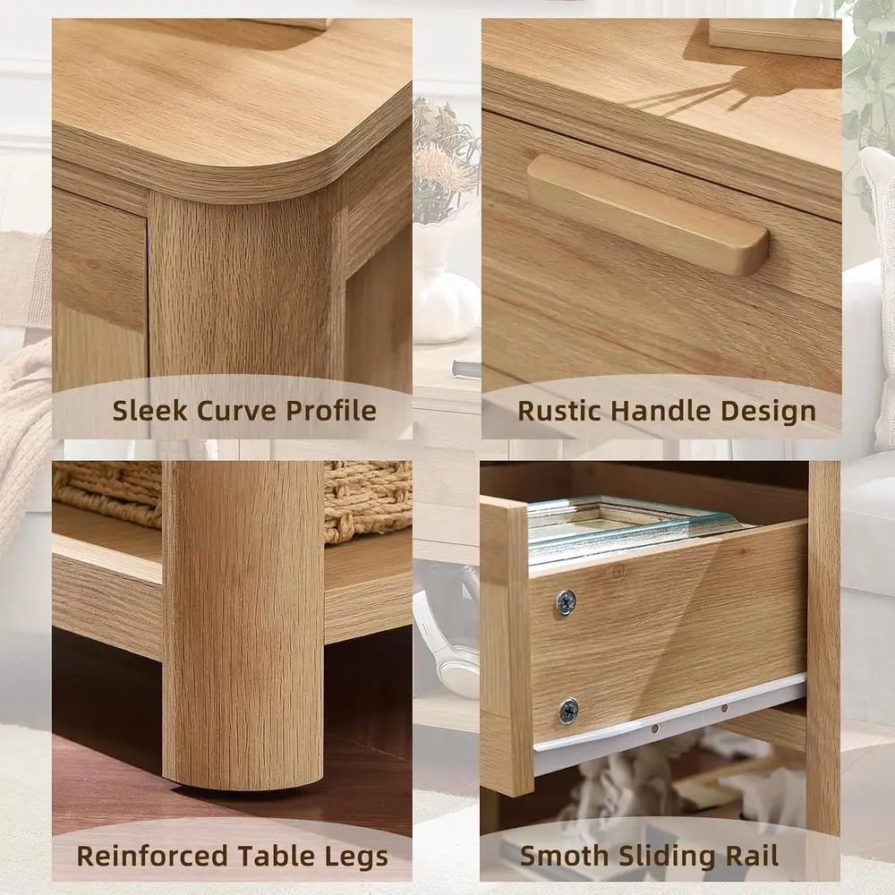 armhouse Night Stand Set o 2 with Charging Station, Natural | Wood Bed Side Table with Der & Open Storage Shel & Rounded s or Be - view 5