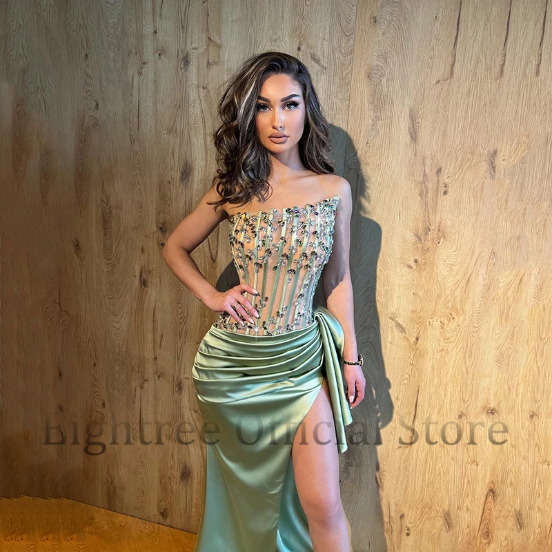 Eightree Sexy Mermaid Satin Prom Evening Dresses Formal Strapless Beadings High Split Night Cocktail Party Prom Gown Custom Size