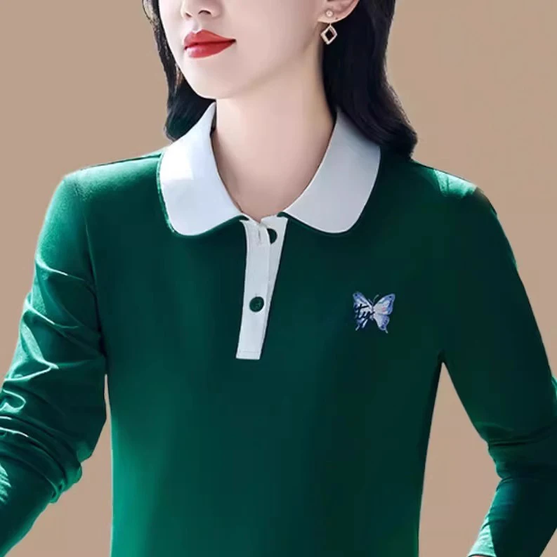 Slimming Collar Long Sleeve Base Shirt for Women Spring Autumn Fashionable Midlife Mom Straight Cut T-Shirt Korean Style