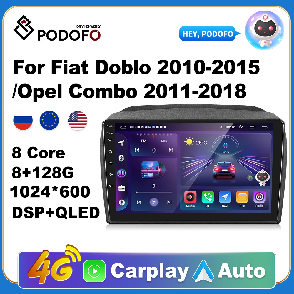 Podofo Wireless CarPlay Andorid Auto Car Radio For Fiat Doblo 2009-2015/Opel Combo 2011-2018 Multimedia GPS 2din autoradio