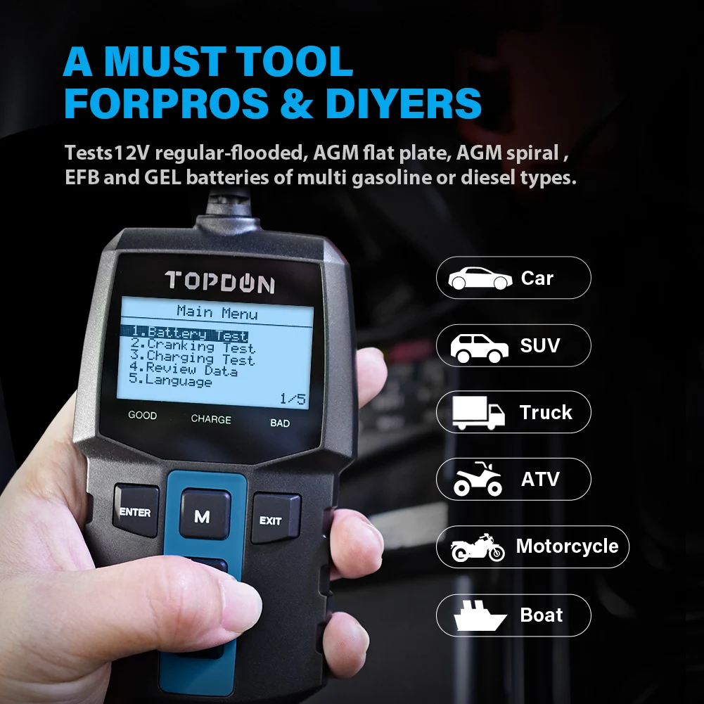 TOPDON BT100 12V Car Atuomotive Auto Battery Charge Discharge Analyzer Health Tester