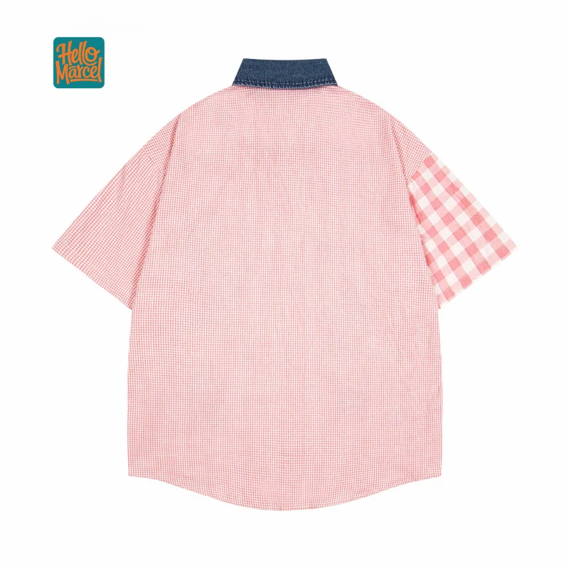 HELLOMARCEL EU US Size Luxury Quality Casual Shirt Street Wear Fun Cartoon Embroidery Color-Block Pink Plaid Shirt Unisex