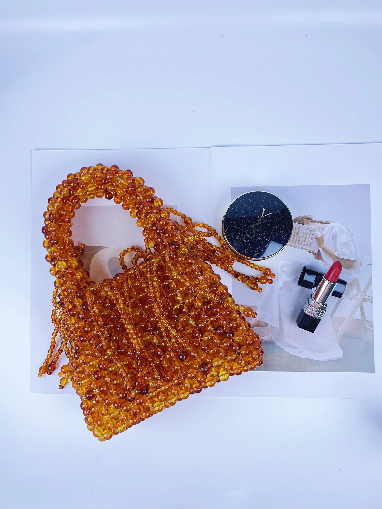 Beaded woven bag, amber acrylic cat eye beads, retro handbag, hollowed out pearl women\'s bag