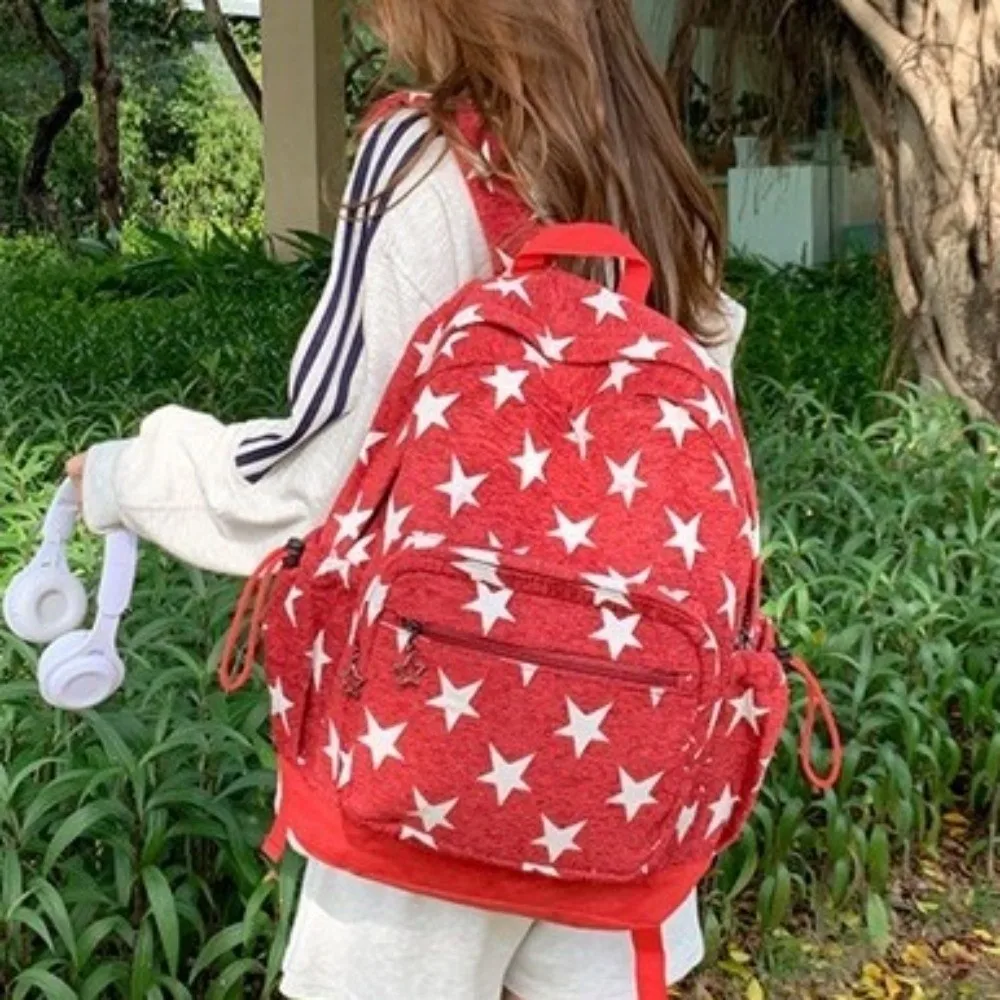 Korean Style Grey Stripes Backpack Lightweight Multi-pocket Star Printing Backpack Adjustable Straps Commuting