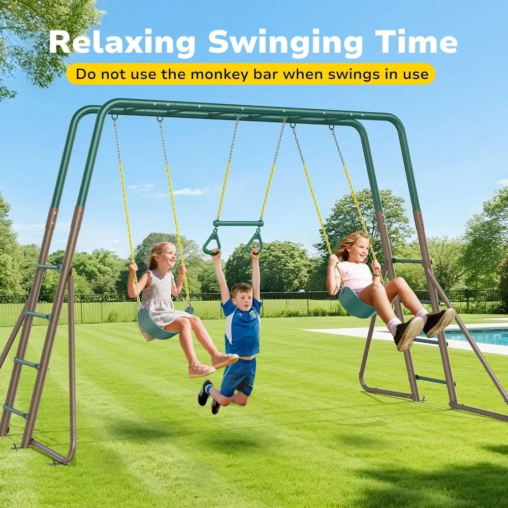 Heavy Metal Outdoor Swing Set with Monkey Bars 2 Belt Swings and Trapeze Bar for Kids Backyard