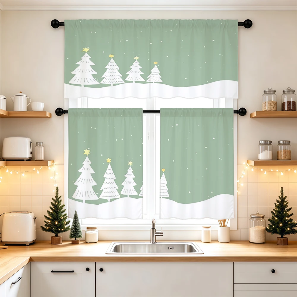 Christmas Kitchen Curtains, Green Tree Star Snowy Snow, Digital Print, Kitchen Dining Room, Rod Pocket Polyester, Home Decor