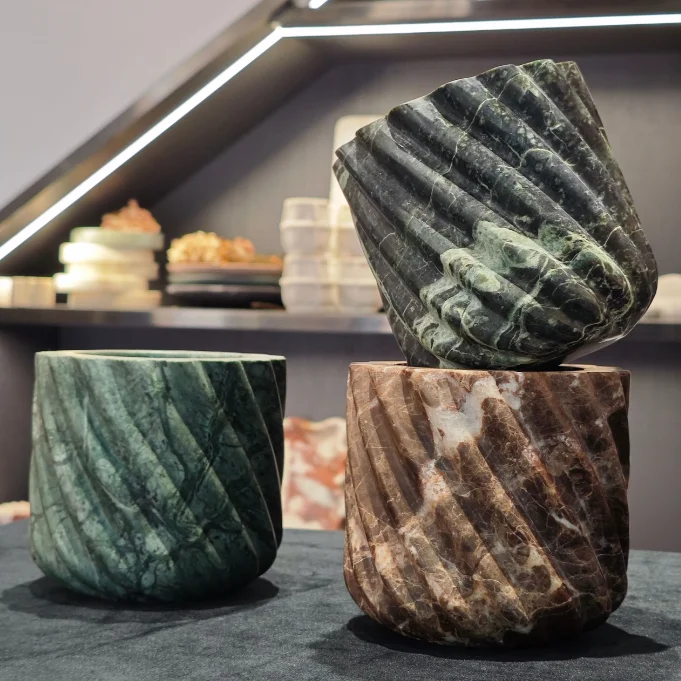Textured Marble & Pedestal Set - Modern Ribbed Stone for Luxury Home and Hotel Decor