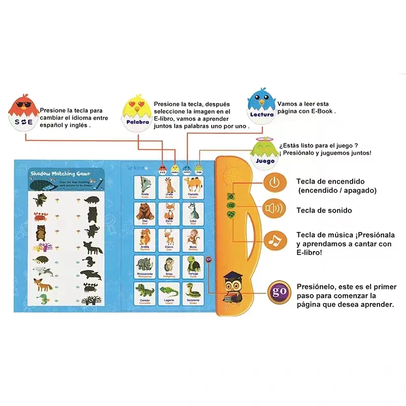 Electric Audio My E Book Educational Bilingual Kid Learning English Spainish Machine Bady Sound Board Cognitve Computer Toy