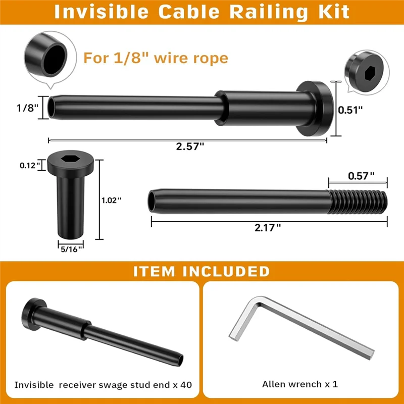 M11K-T316 Stainless Steel Cable Railing Kit-Black 40-Pack 1/8" Swage Stud Ends Invisible Receiver For 2" X 2" Wood/Metal Posts