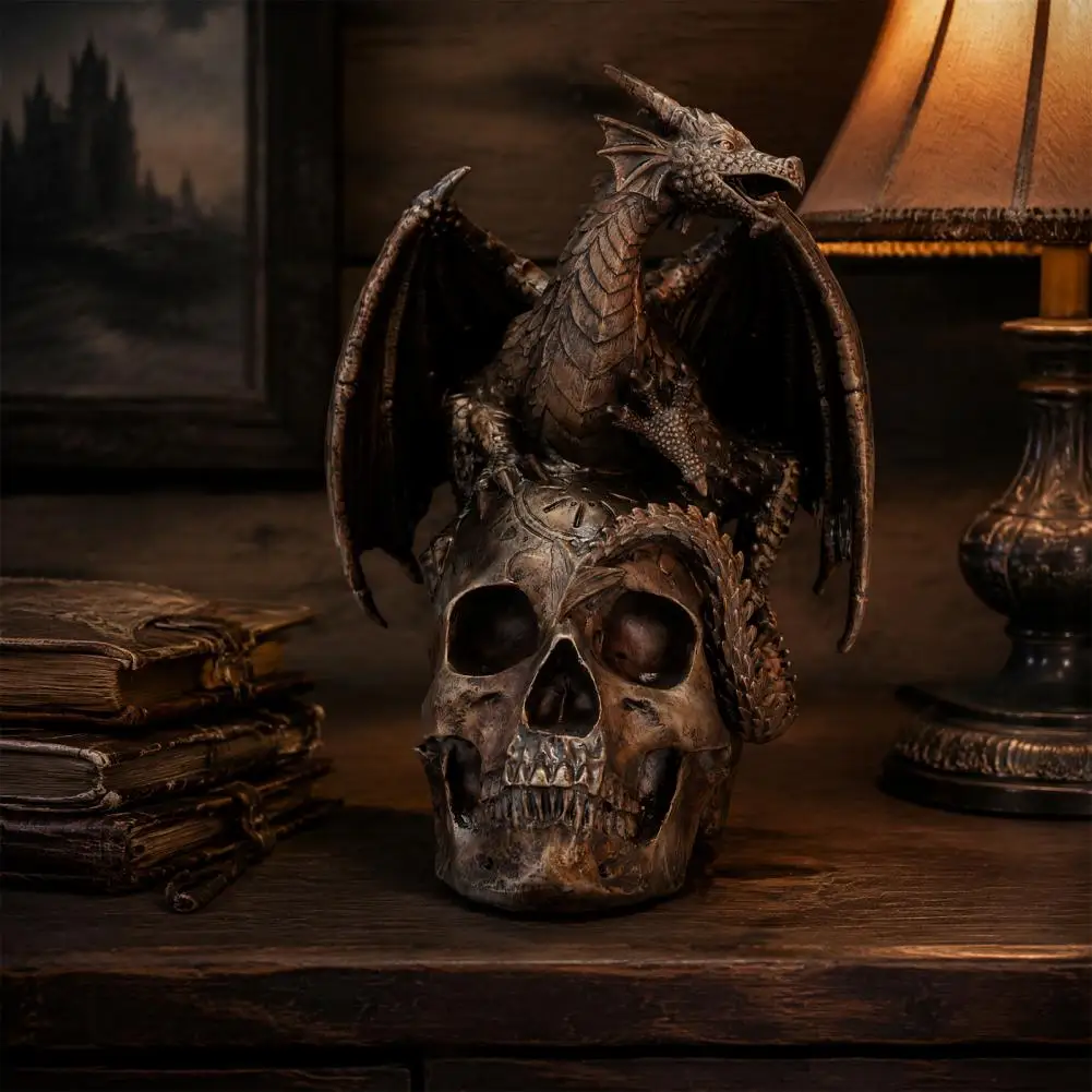 Collectible Fantasy Statue Flying Dragon Skull Resin Statue Dragon on Skull Figurine Steampunk Gearwork Skeleton for Halloween