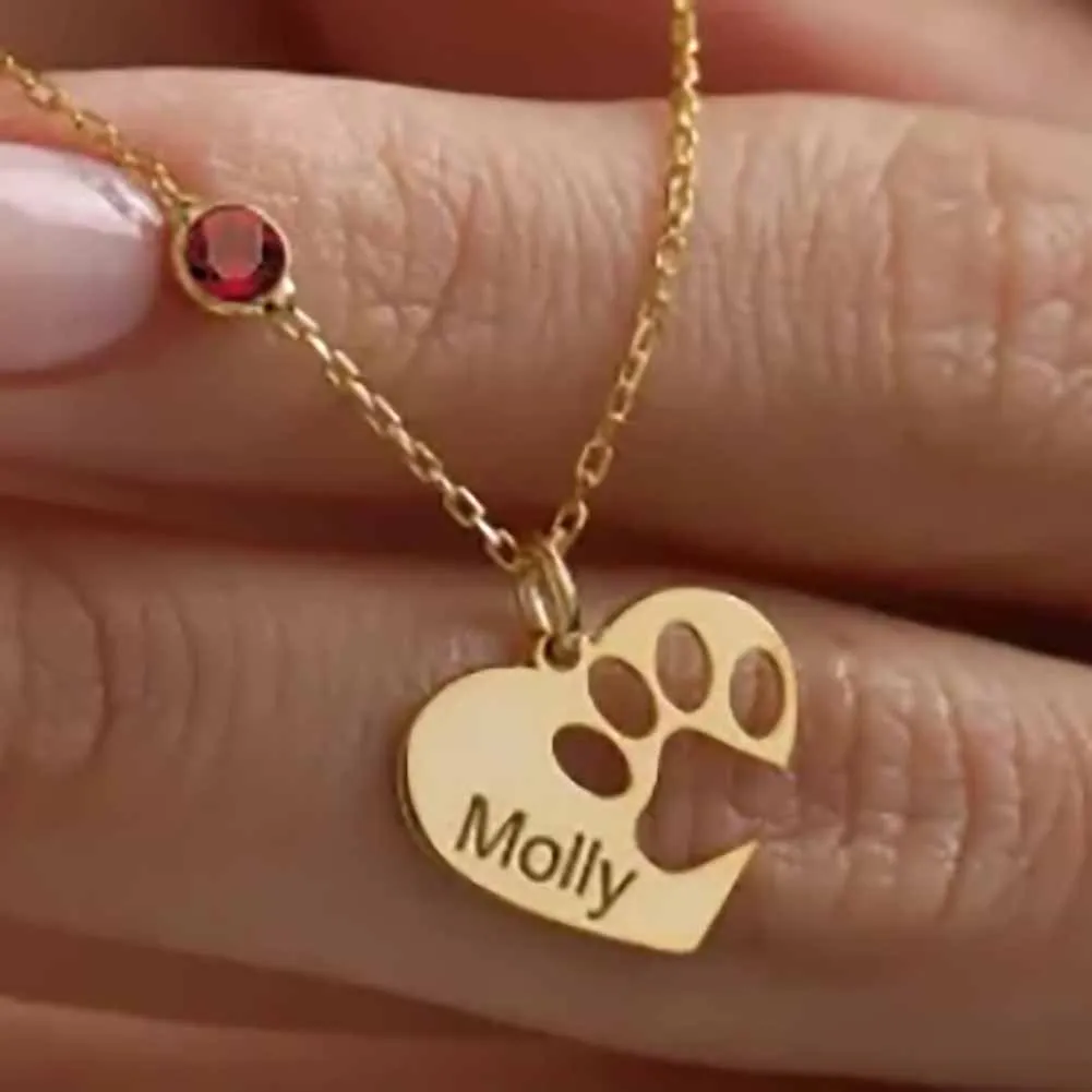 Personalized Cat Paw Name Necklace Dog Paws Print Pendant with Birth Stone Nameplate Heart Jewelry Pet Lover Christmas Gifts