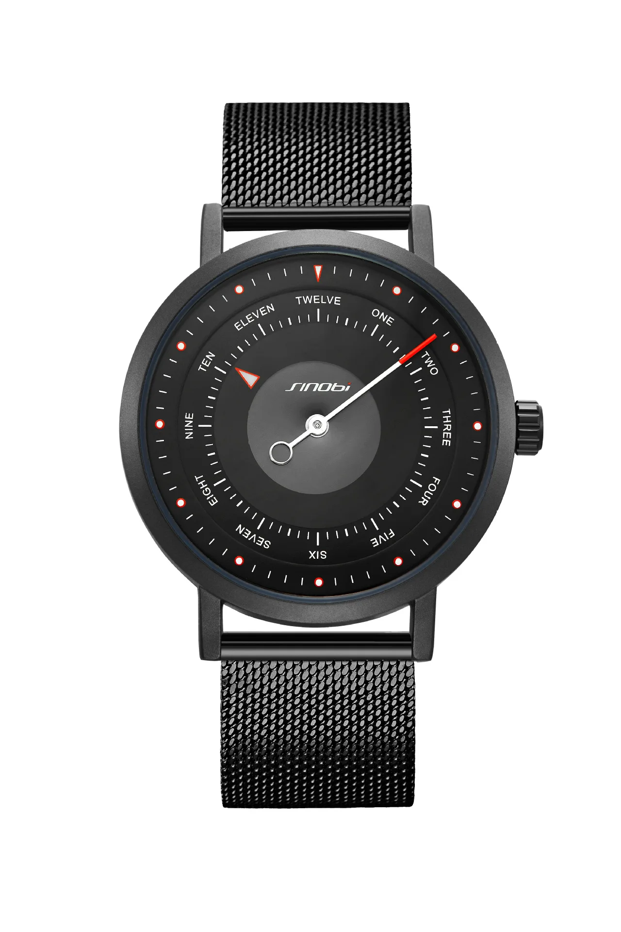 Creative Compass Quartz Wristwatch with Single Hand for Men Mesh Strap Ultra Thin Fashion Deployment Clasp Round Watch