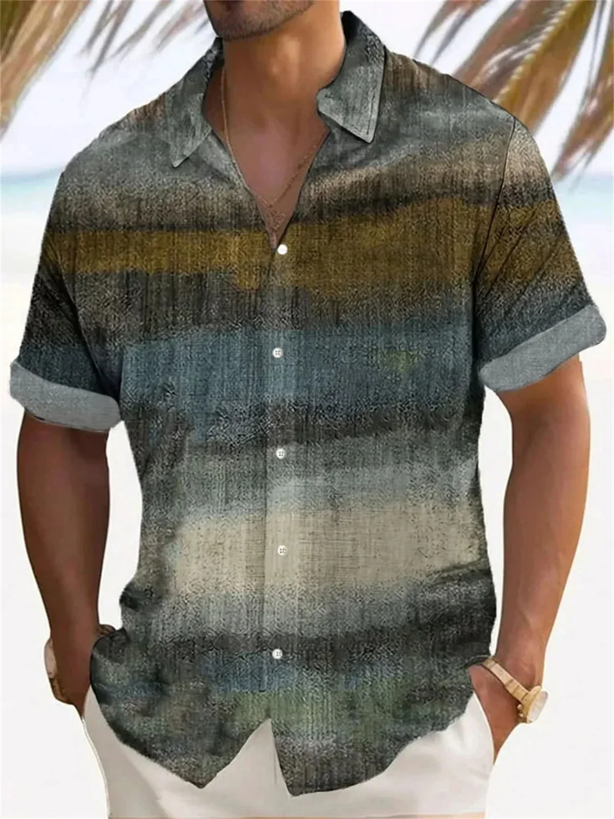 

Men's Summer Linen Short-sleeved Lapel Button Shirt Men's Simple Retro Gradient Textured 3D Printed Shirt Hawaiian Shirt