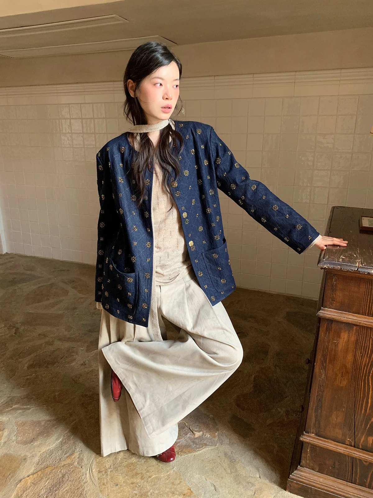 

Dorydory Women's Embroidered Bead Jaet Long Sve Unique Color Blo Spring New Sle Casual Loose Fit Cotton Outerwear