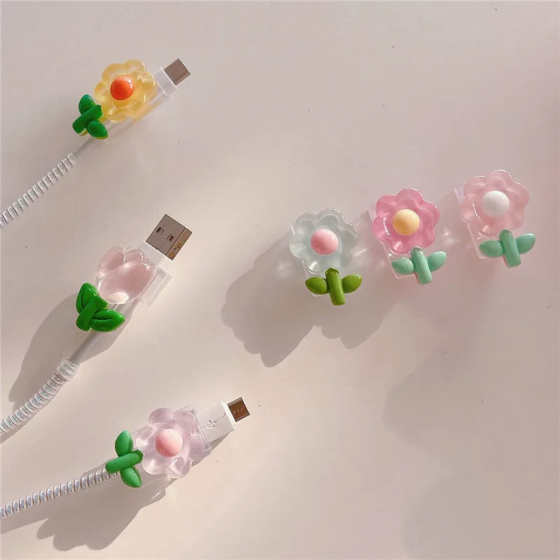 Cute Cable Protector Flower Charger Protector Cable Organizer For iPhone  Android Type C Data Line Cord Protective Cover