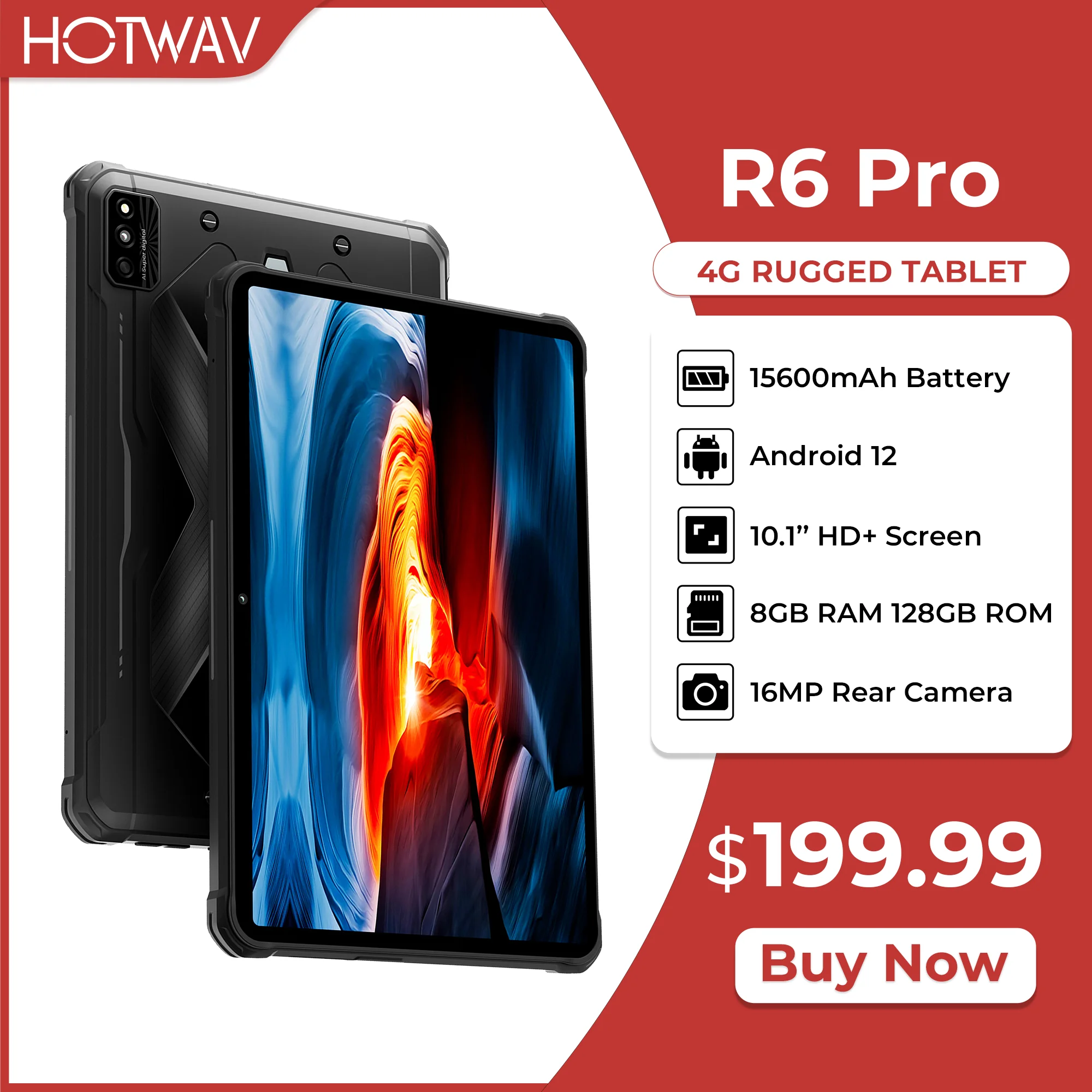 HOTWAV-Tableta rugosa R6 Pro, dispositivo con Android 12, 15600mAh, pantalla HD de 10,1 pulgadas, 8GB, 128GB, ocho núcleos, cámara de 16MP, modo guante SIM Dual, PC