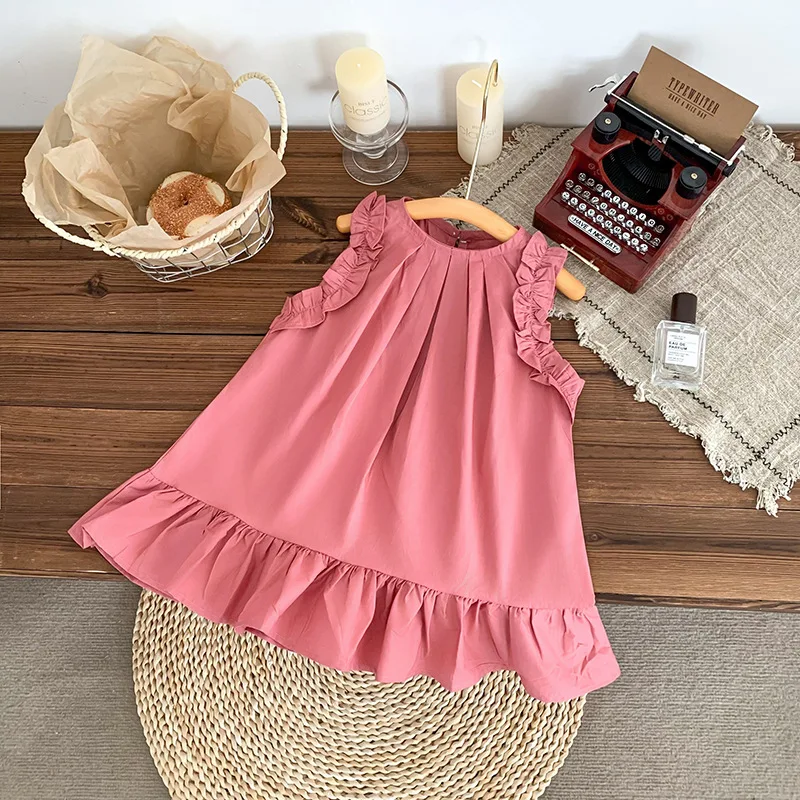 

Girls' Summer Dress 2025 New Korean Version Pure Cotton Simple Sleeveless Baby Lotus Leaf Princess Dress