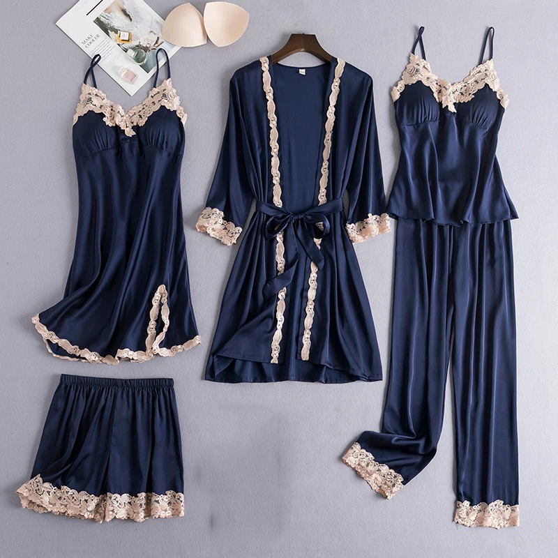 Sexy Female 5PCS Robe Set Satin Rayon Bathrobe Women Kimono Bath Gown Loose Sleepwear Nightwear Bridesmaid Robes Suit Homewear