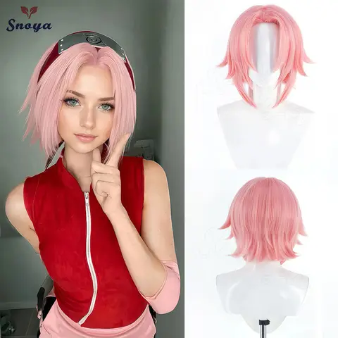 Snoya Haruno Sakura Cosplay Wig Short Pink Synthetic Wig Heat Resistant Hair for Anime Halloween Party Role-Play