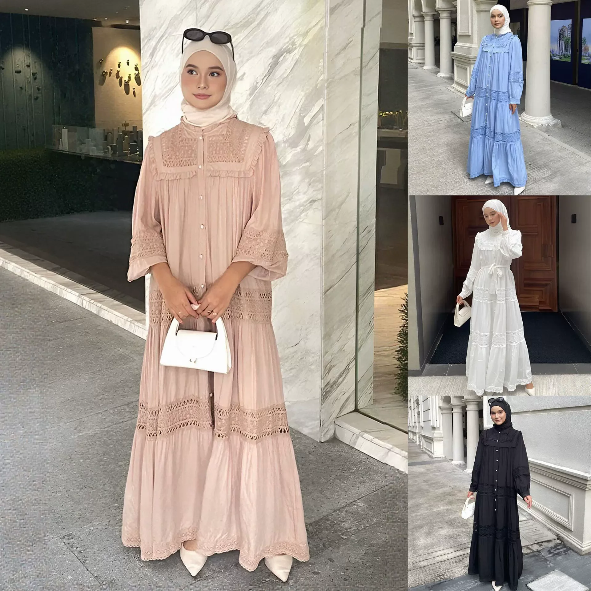 

Saudi Arabia Fashion Southeast Asian Women's Dress with Mushroom Edge Splicing Hollow Cotton Dress Muslim Dubai Dress