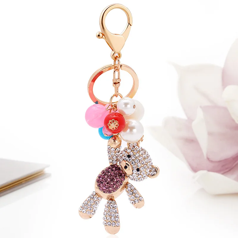 Unique Fun Bear Keychain Gift For Girls Pure Handmade DIY Artificial Diamond Cute Bear Car Keychain Pendants And Bag Ornaments