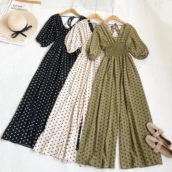 2026 New Summer Woman fashion V Neck short sleeve Dot print jumpsuits high waist pleated casual wide leg Rompers