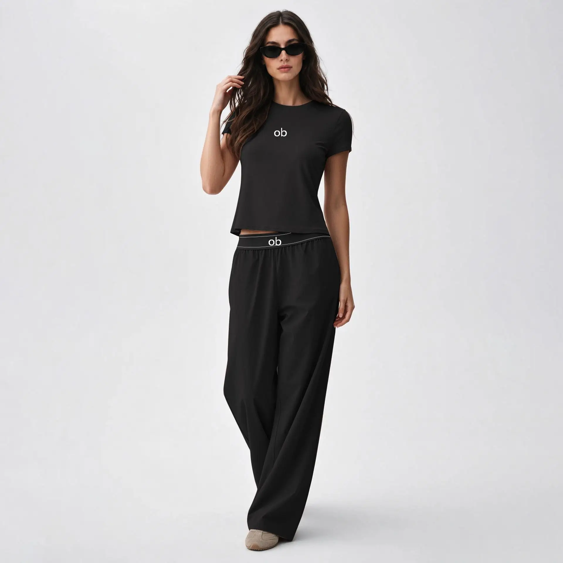 Fashion nude 2-piece yoga set - quick drying fitness straight leg sports pants short yoga round neck short sleeved set