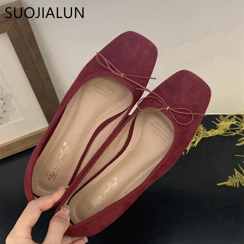 SUOJIALUN New Brand Women Flat Shoes Fashion Round Toe Shallow Slip On Ladies Ballerinas Shoes Casual Square Low Heel Ballet Sho