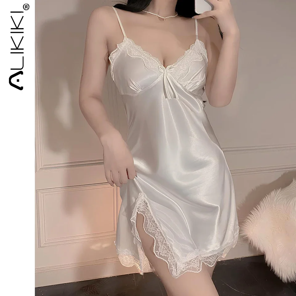 Women‘s Satin Nightgowns for Women Sexy Lingerie Lace Chemise Slip Dress Silk Negligee Babydoll Nighty Sleepwear