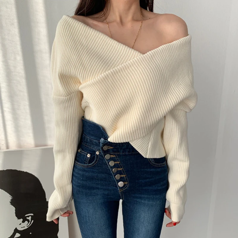 Korea Chic Autumn Winter Feminine Pullovers Skin-revealing Slash Collar Tops Shoulder Strapless Loose Long-sleev Knitted Sweater