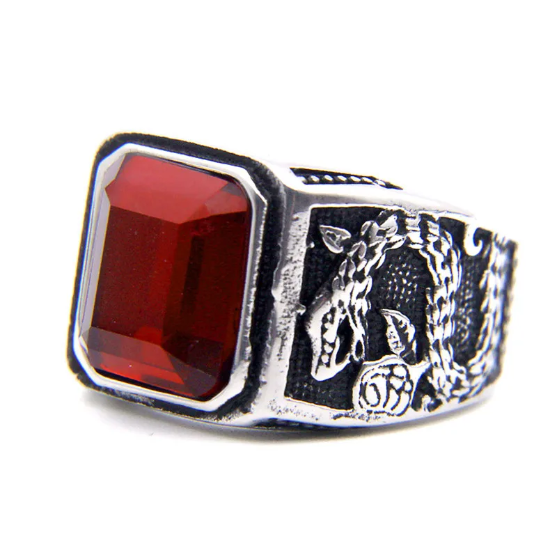 Red Black Stones Man Sloid Ring Stainless Steel Retro Punk Biker  Flying Dragon Ring Size 7-13