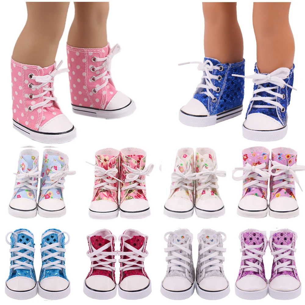 7Cm Doll Shoes New Fashion Pattern Lace Canvas High-Top Boots For 18Inch Girl Doll 43Cm Reborn Baby Doll Clothes,Generation Gift