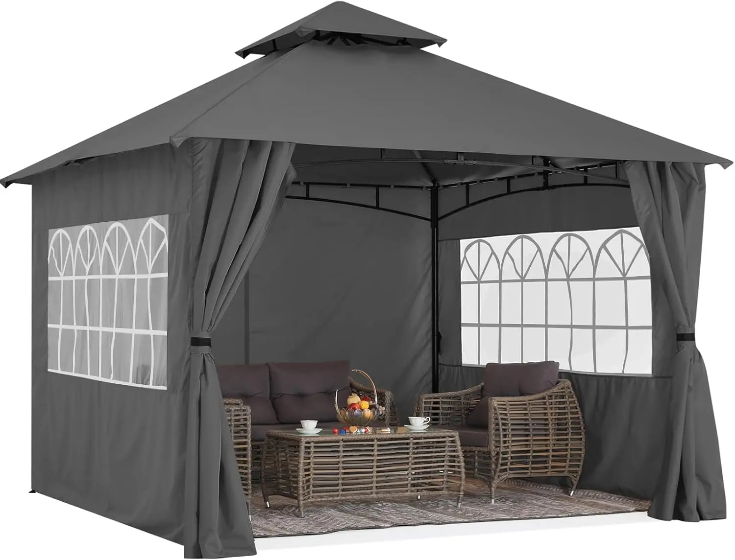 Outdoor Gazebo Canopy Tent Shelter For Patio Backyard Garden Lawn Poolside, Heavy Duty Sunshade Pavilion Screen House With Window Curtains, Modern Style, Dark Gray, 1 Set