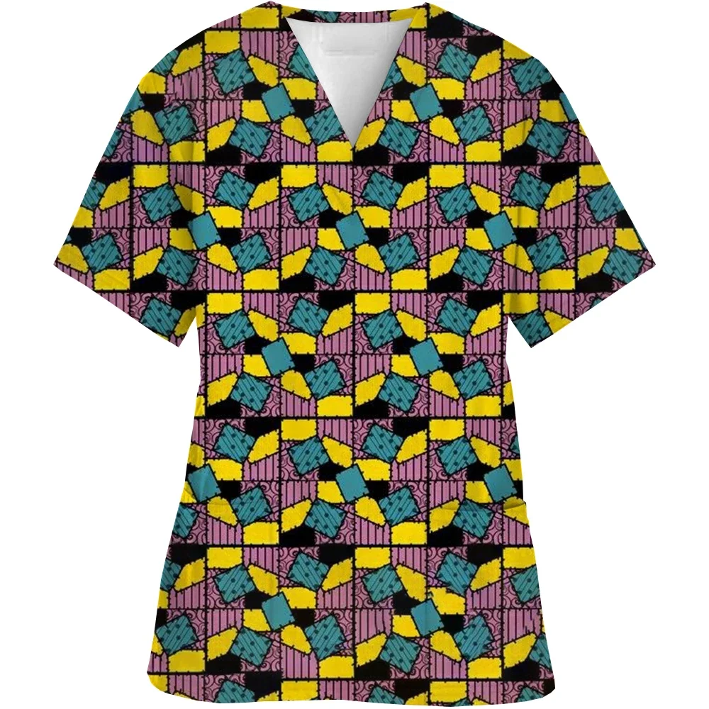 เสื้อพยาบาลแขนสั้นคอวีสำหรับผู้หญิง ชุดทำงานแฟชั่นลำลองลายพิมพ์สำหรับผู้หญิงช่วงฮาโลวีน ชุดทำงานป้องกันตัว ชุดยูนิฟอร์มทางการแพทย์