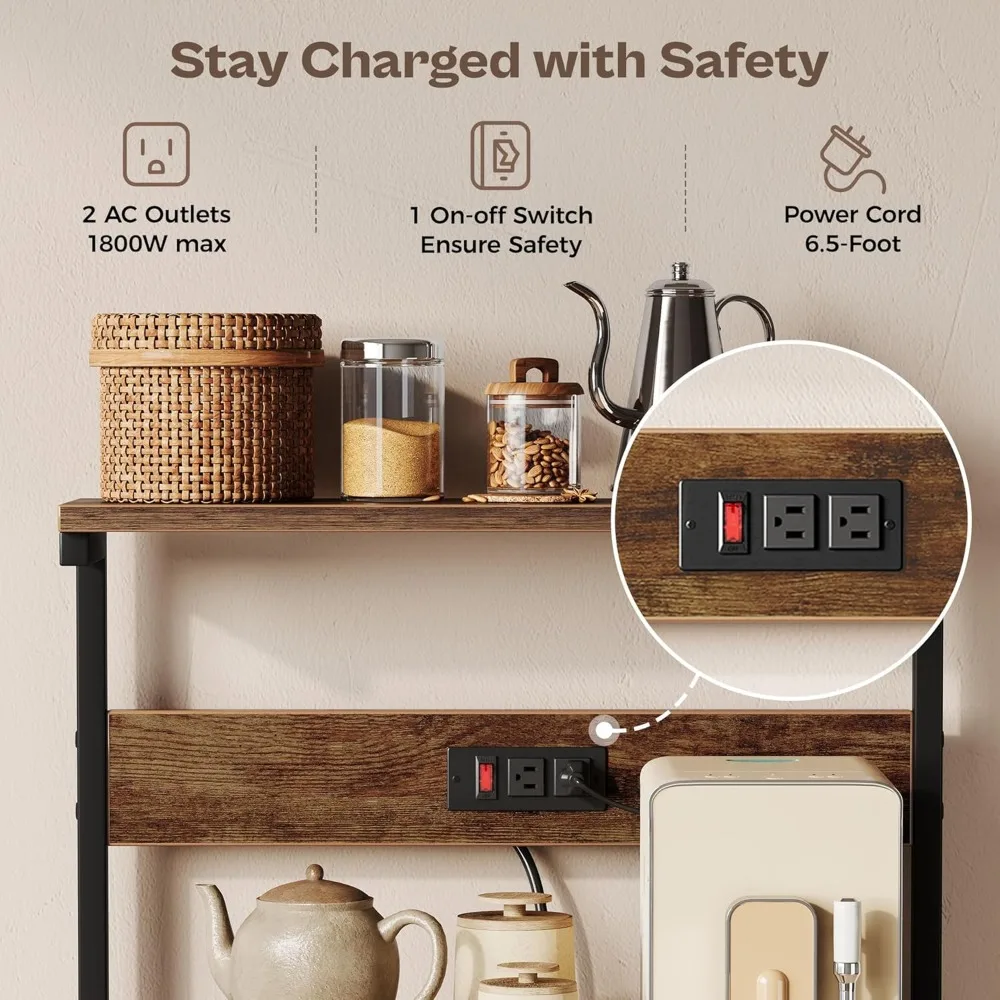 Scaffale da cucina a 4 livelli con prese di corrente, supporto per microonde e ganci a S per riporre oggetti - Marrone rustico