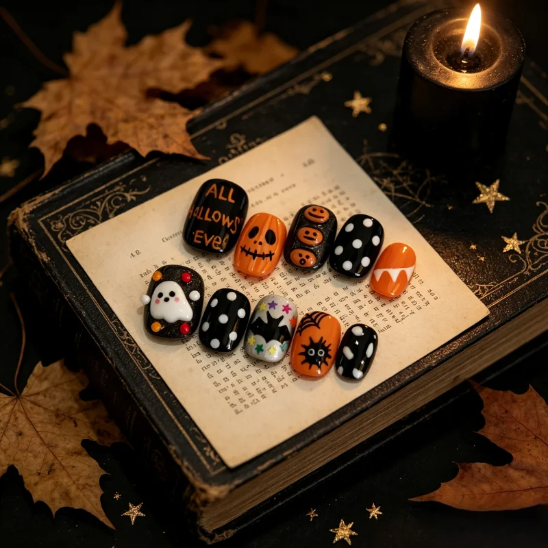 24Pcs Fake Nails Fashionable Cartoon Halloween Spiders and Ghosts—Fun Press-On Nails Perfect As Gifts for Girls and Friends