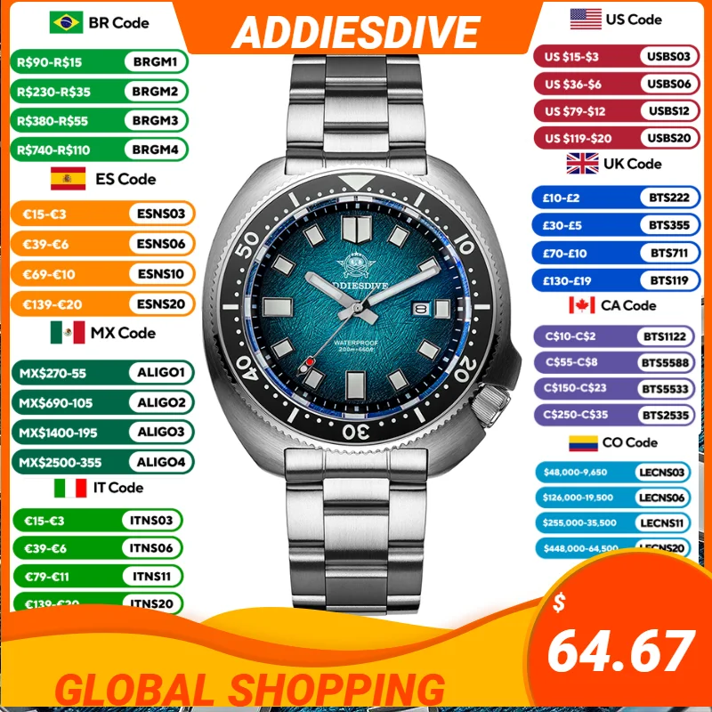 ADDIESDIVE NEUE Herrenuhr Saphirglas AR-beschichtete Quarzuhren AD2511 Reloj Hombre 20Bar wasserdichte leuchtende Taucheruhren