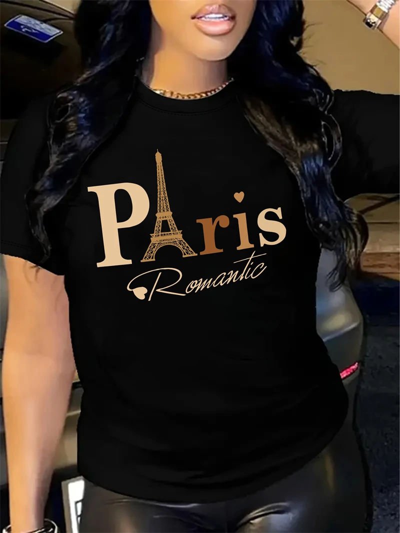 T-shirt Casual da donna con stampa della torre Eiffel di parigi-Top Activewear a maniche corte