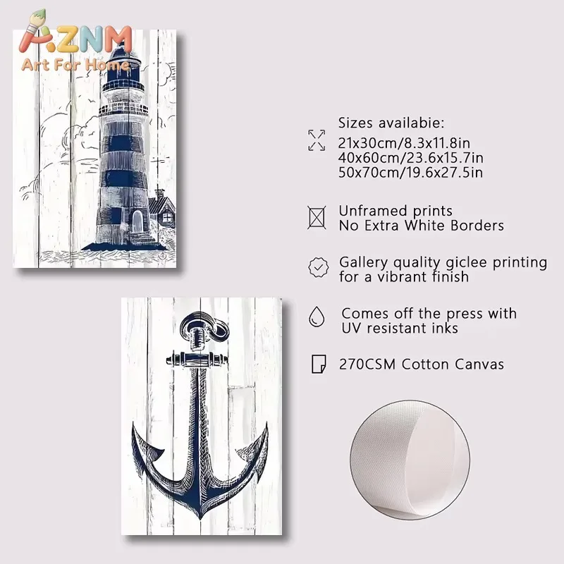 Nautical Lighthouse Anchor Compass Canvas Wall Art No Frame Poster Print Navy Blue White Wooden Texture Coastal Living Room