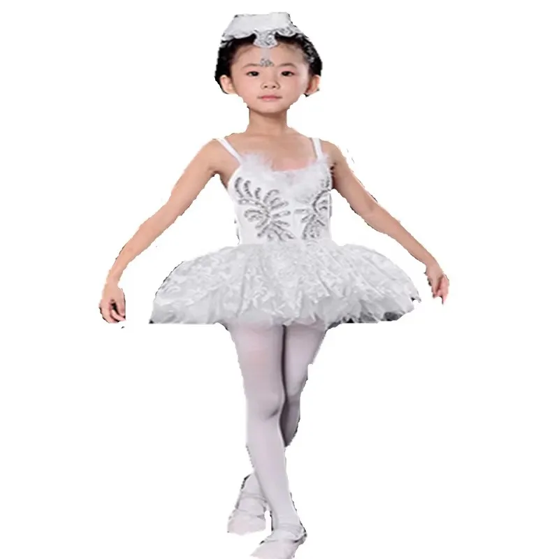 فستان الباليه وأغطية الرأس وقفاز الأطفال الأنيق الكلاسيكي الأبيض بحيرة البجع أداء المرحلة فستان الرقص الباليه توتو زي الباليه