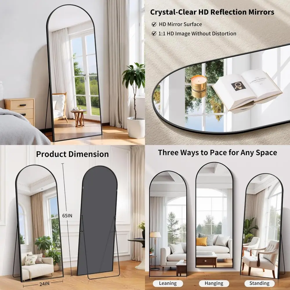 Gewölbter Bodenspiegel in voller Länge, 65 x 24 Nano-Glas mit Aluminiumrahmen, großer Schminkspiegel für Zuhause