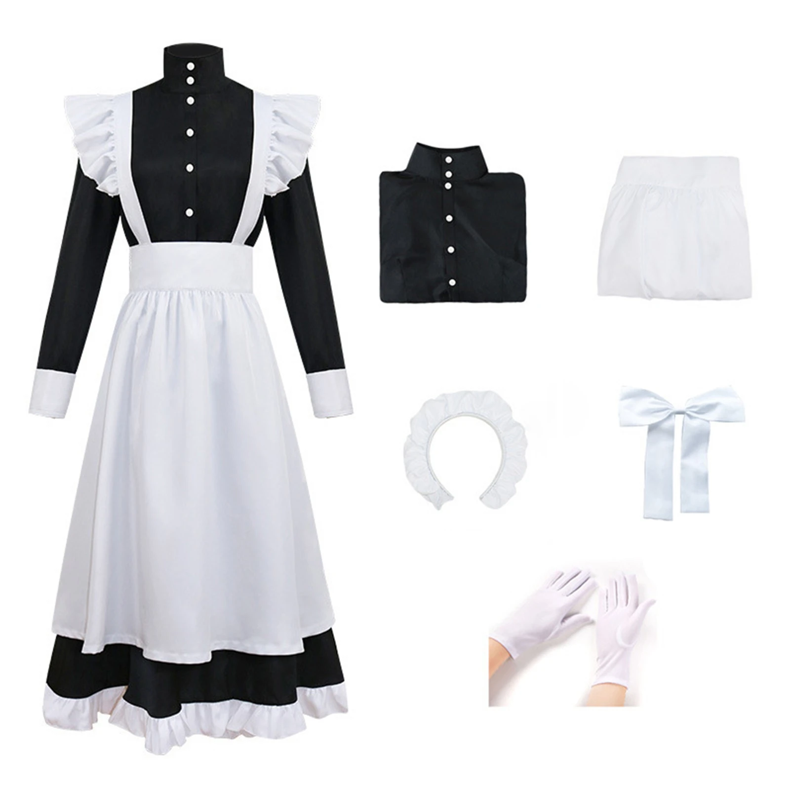 Classic Maid Dress Set Cosplay Costume Uniform Apron with Headwear Accessories Lolita Halloween Party Outfit for Women Girls