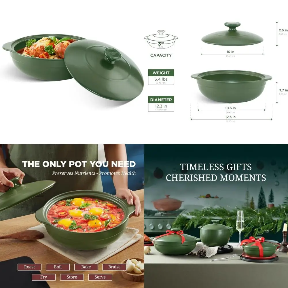 

Porcelain Dutch Oven 3-Quart, Lead and Cadmium Free, Oven Safe up to 482°F, Heat Retaining Clay Pot for Cooking, Ideal for Slow