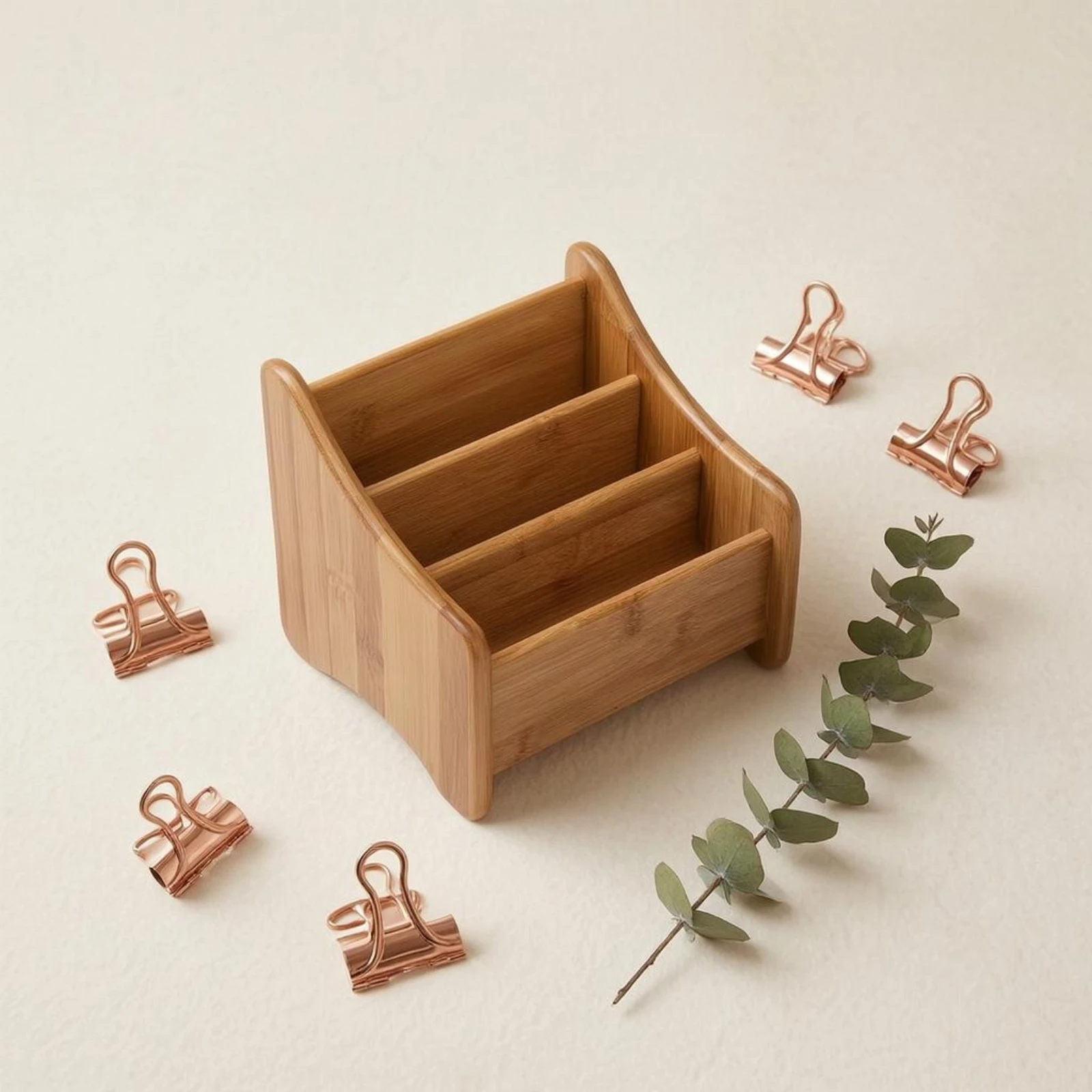 uncoveredTop Bamboo Organizer Curved Side Panels Three-Compartment Storage Box Bamboo Desk Organizer Eco-Friendly