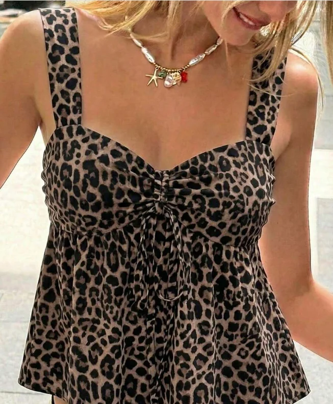 Women's Casual Drawstring Babydoll Camisole, Outing Top, Vacation, Cute Summer Top, Leopard Print Top, Suitable For Daily Commute, Date, Party, Autumn/Winter/Spring/Summer, Christmas, New Year, Thanksgiving, Party, Wedding, Beach, Graduation, Fashion, El